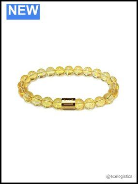 8mm Genuine Citrine Gemstone Stretch Bracelet Gold Plated Unisex 7.5 Inch